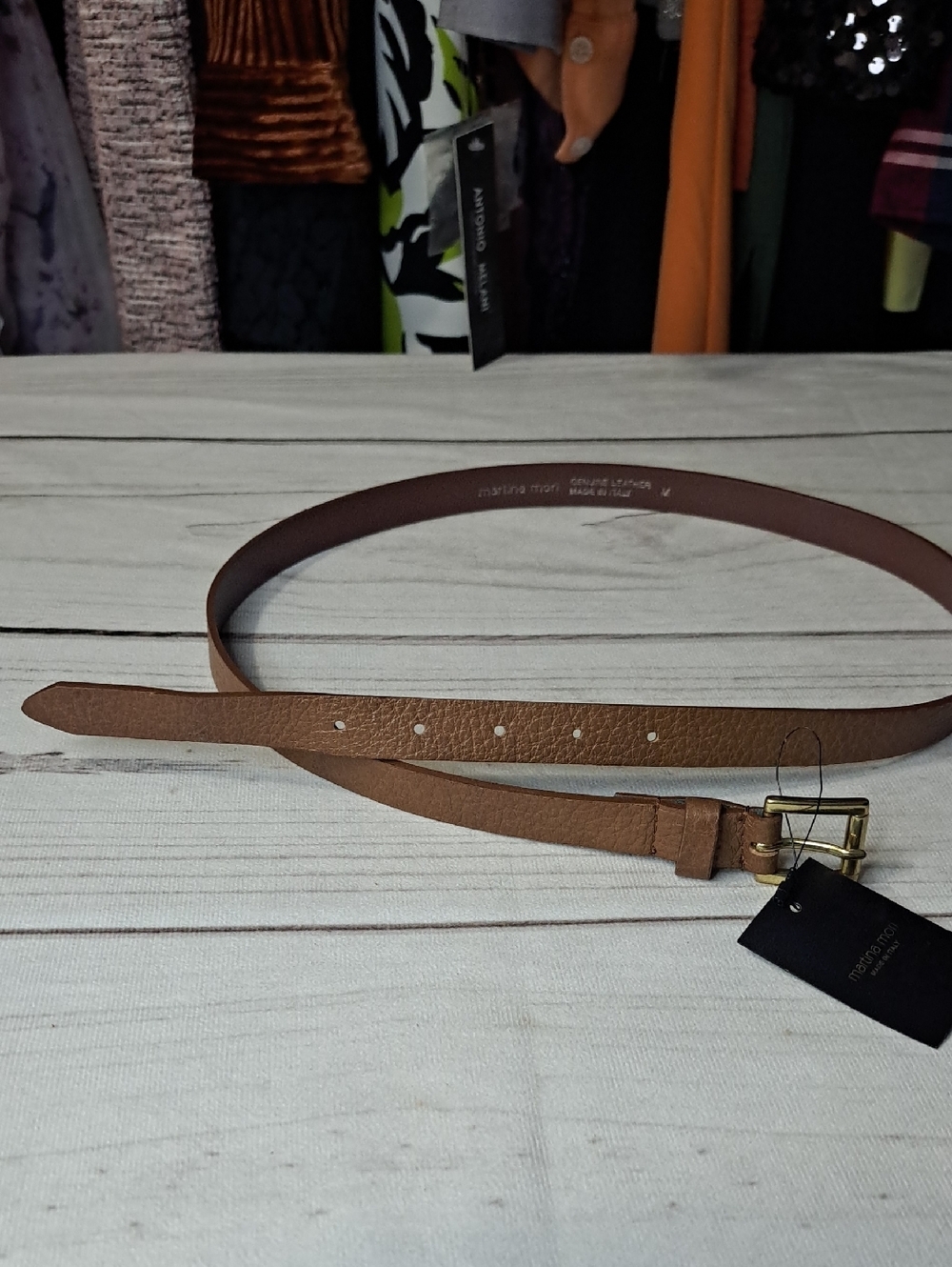 Martina Mori Art Rebel Slim Brown Leather Belt with Gold Tone Buckle Size Medium